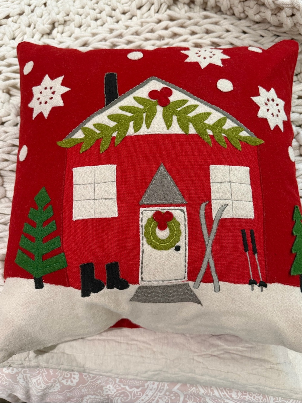 Crate&Barrel Red Holiday Cottage Throw Pillow with Green Accents